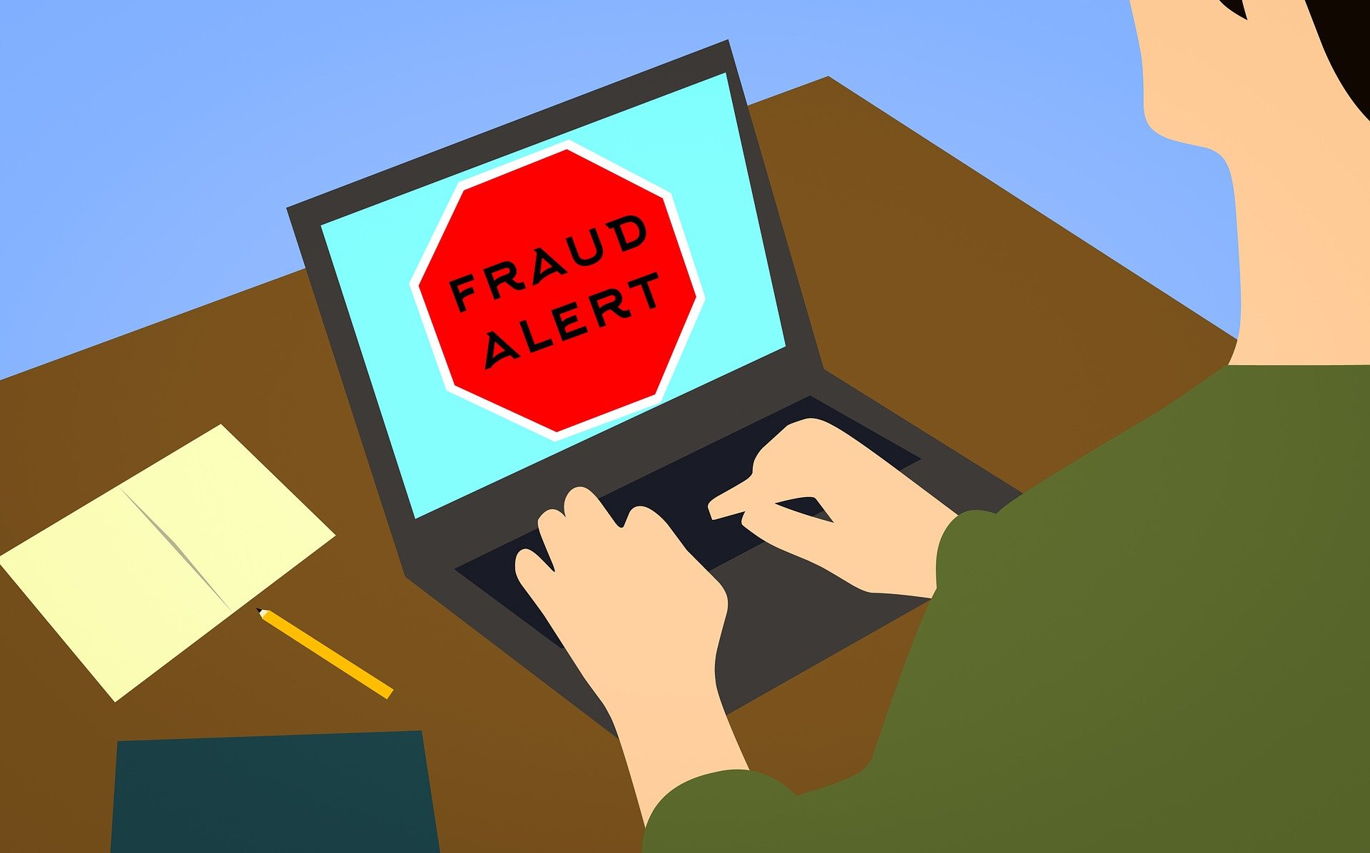 Illustration einer Person am Laptop mit rotem Warnschild „Fraud Alert" auf dem Bildschirm – Hinweis auf betrügerische Fake-Stellenanzeigen